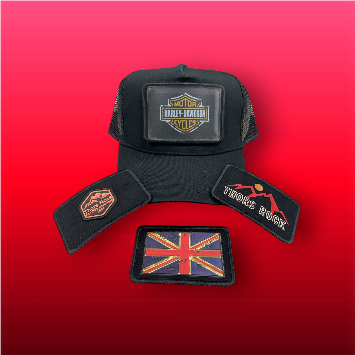 BLACK SNAPBACK TRUCKER HAT WITH PATCHES