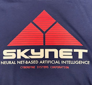 Navy blue shirt with red and white 'Skynet' logo and text