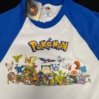 Blue and white baseball shirt with colorful 'Pokémon' characters and logo.
