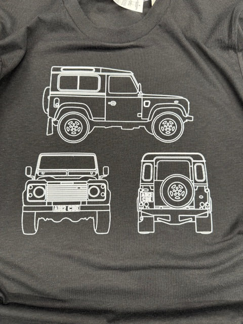 Black t-shirt with white graphic of a car from different angles on a dark background