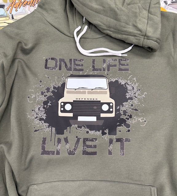Green hoodie with a graphic of a car and text 'One Life, Live It' on a hanger.