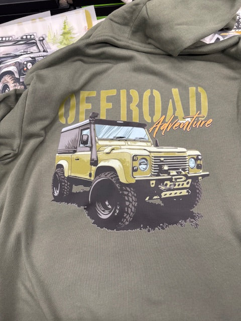 Green sweatshirt with off-road vehicle graphic and 'Off-Road Adventure' text
