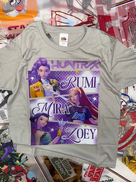 Gray t-shirt with a graphic design of two characters on a colorful background