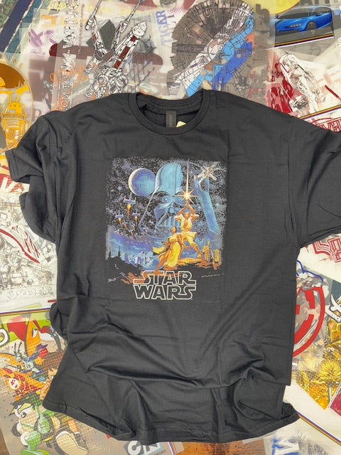 Black hoodie with 'Star Wars' graphic design on a colorful, abstract background