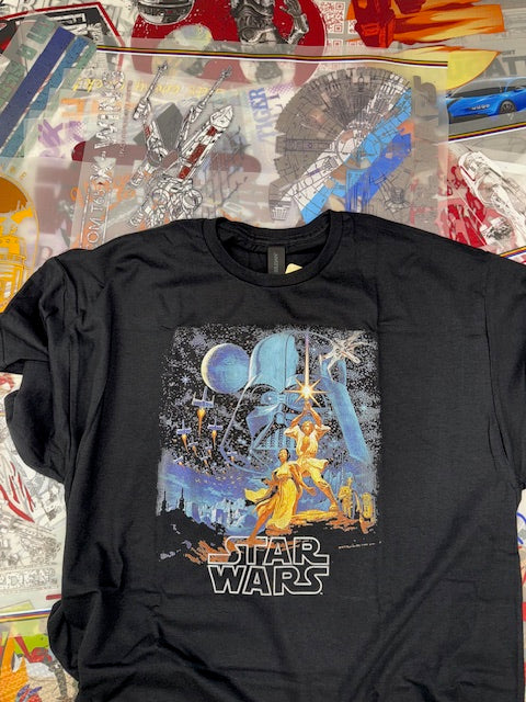 Black t-shirt with 'Star Wars' graphic design on a colorful background