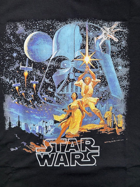 Black t-shirt with 'Star Wars' graphic design featuring characters and spacecraft.
