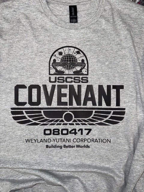 Gray shirt with black logo and text on a gray background