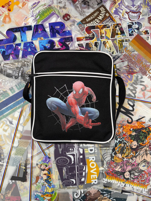 BLACK/WHITE RETRO FLIGHT BAG WITH SPIDER-MAN IMAGE
