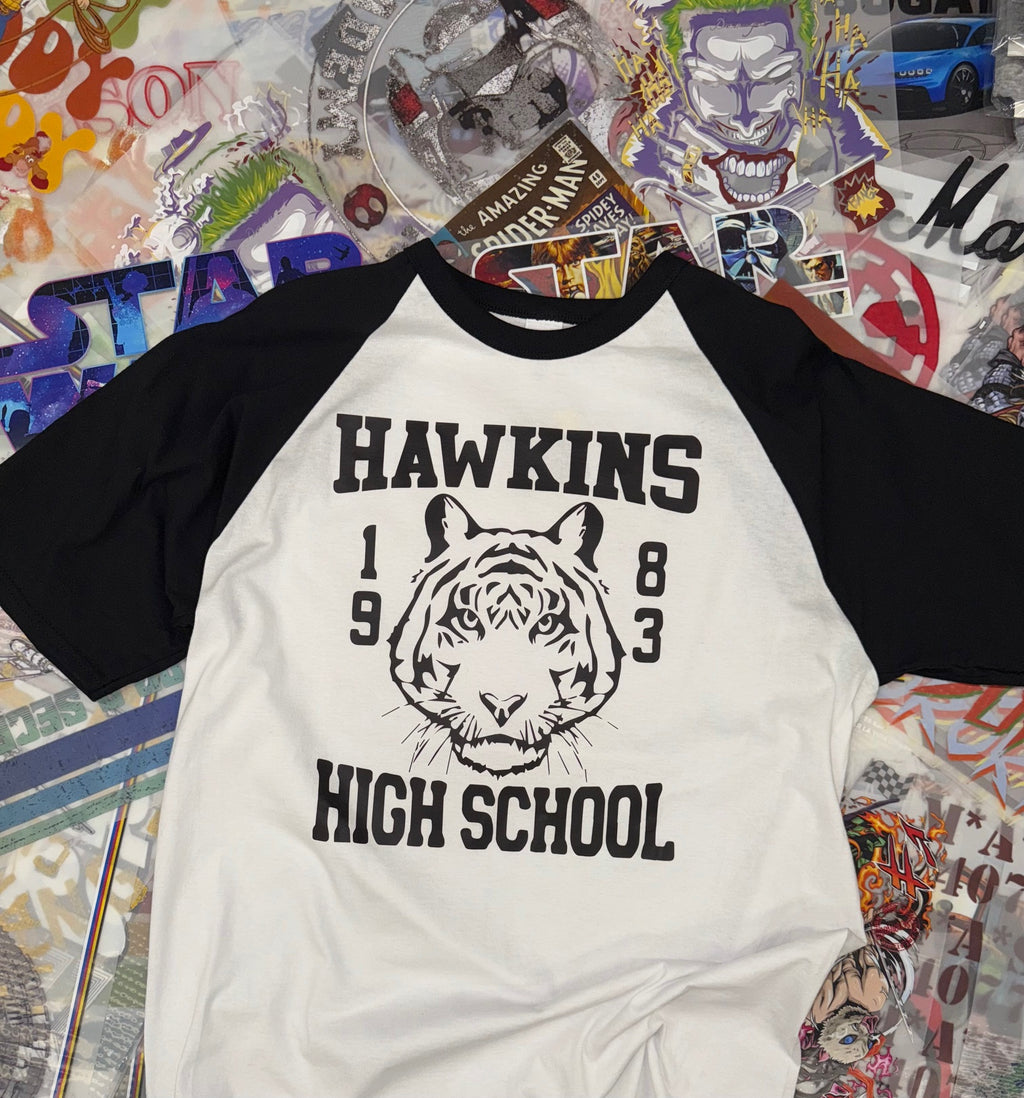 STRANGER THINGS HAWKINS HIGH SCHOOL BASEBALL TOP BLACK AND WHITE T SHIRT