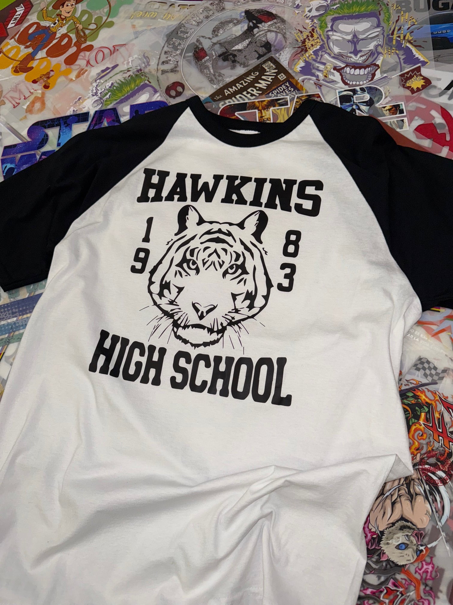 STRANGER THINGS HAWKINS HIGH SCHOOL BASEBALL TOP BLACK AND WHITE T SHIRT