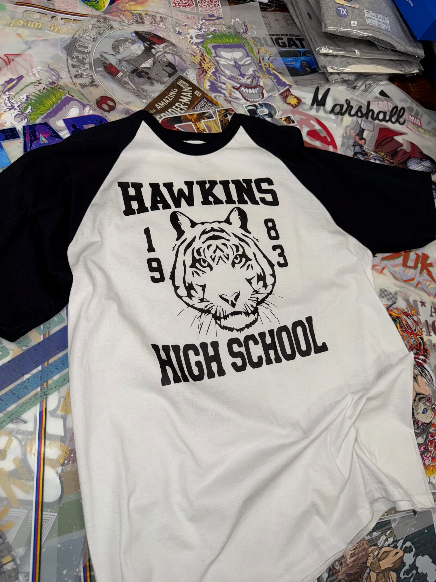 STRANGER THINGS HAWKINS HIGH SCHOOL BASEBALL TOP BLACK AND WHITE T SHIRT