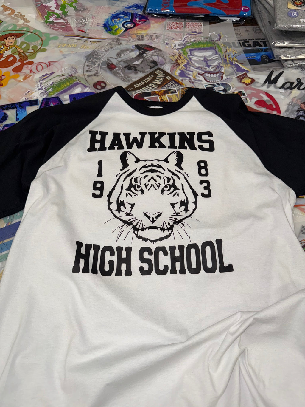 STRANGER THINGS HAWKINS HIGH SCHOOL BASEBALL TOP BLACK AND WHITE T SHIRT