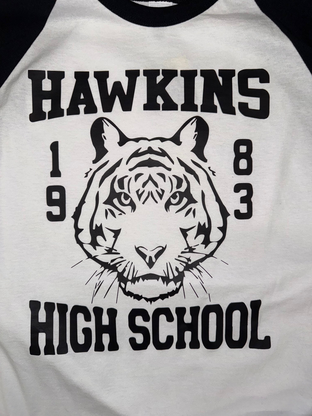 STRANGER THINGS HAWKINS HIGH SCHOOL BASEBALL TOP BLACK AND WHITE T SHIRT