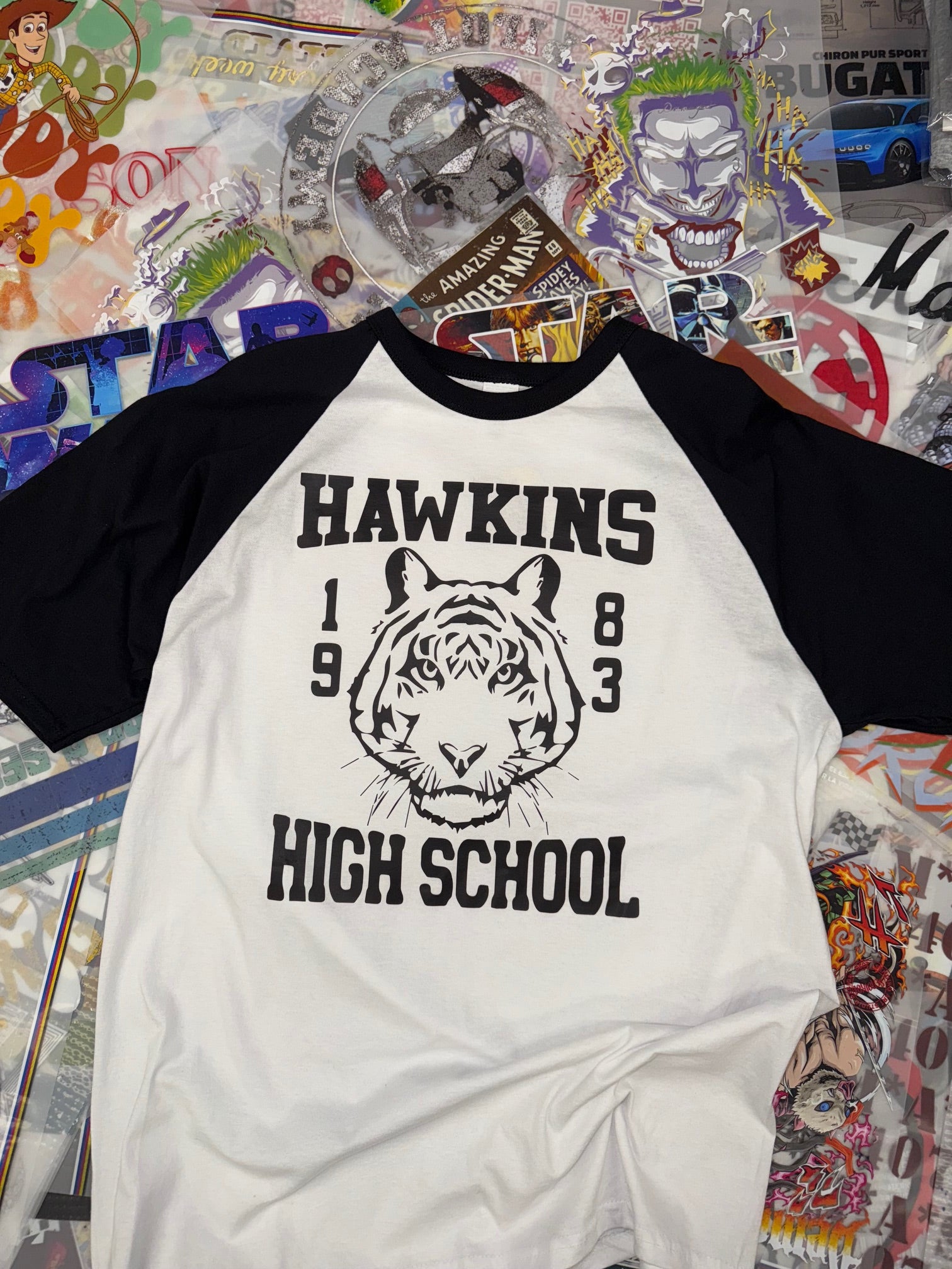 STRANGER THINGS HAWKINS HIGH SCHOOL BASEBALL TOP BLACK AND WHITE T SHIRT