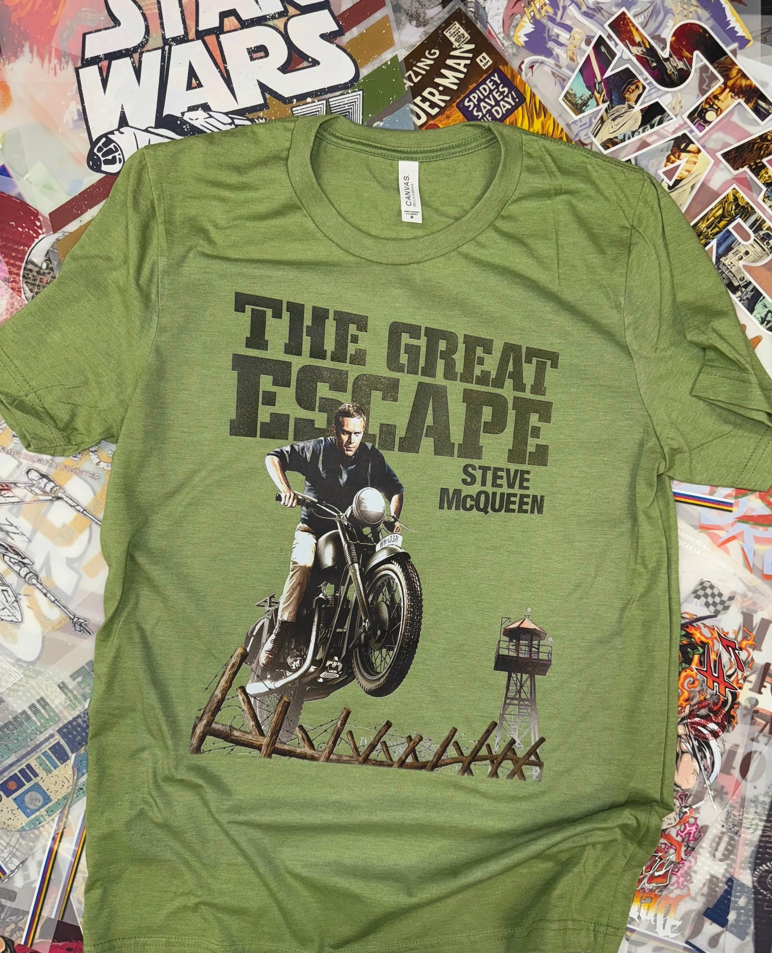 THE GREAT ESCAPE STEVE MC QUEEN GREEN T SHIRT