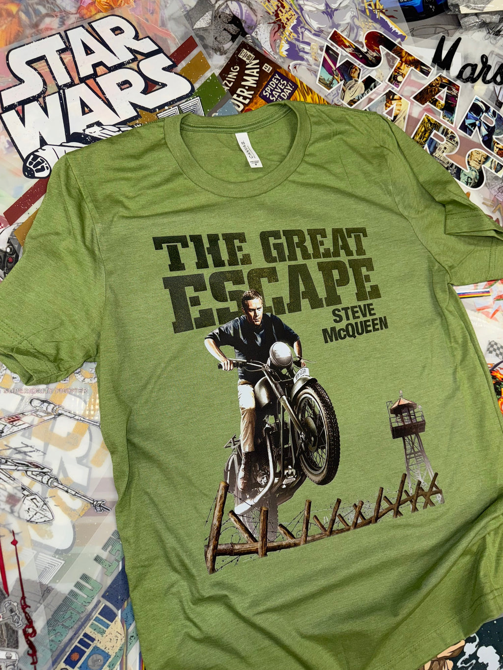 THE GREAT ESCAPE STEVE MC QUEEN GREEN T SHIRT