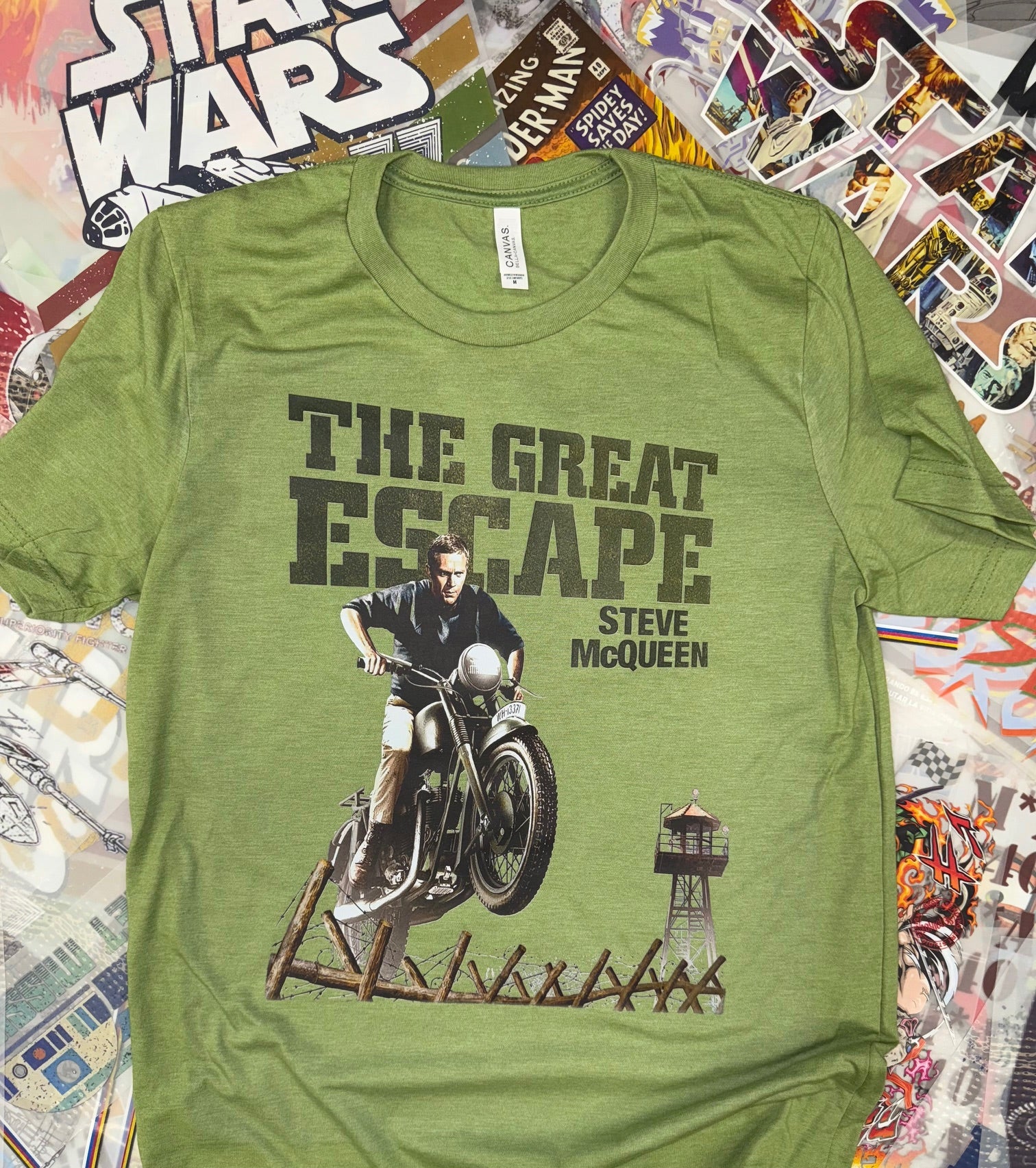 THE GREAT ESCAPE STEVE MC QUEEN GREEN T SHIRT