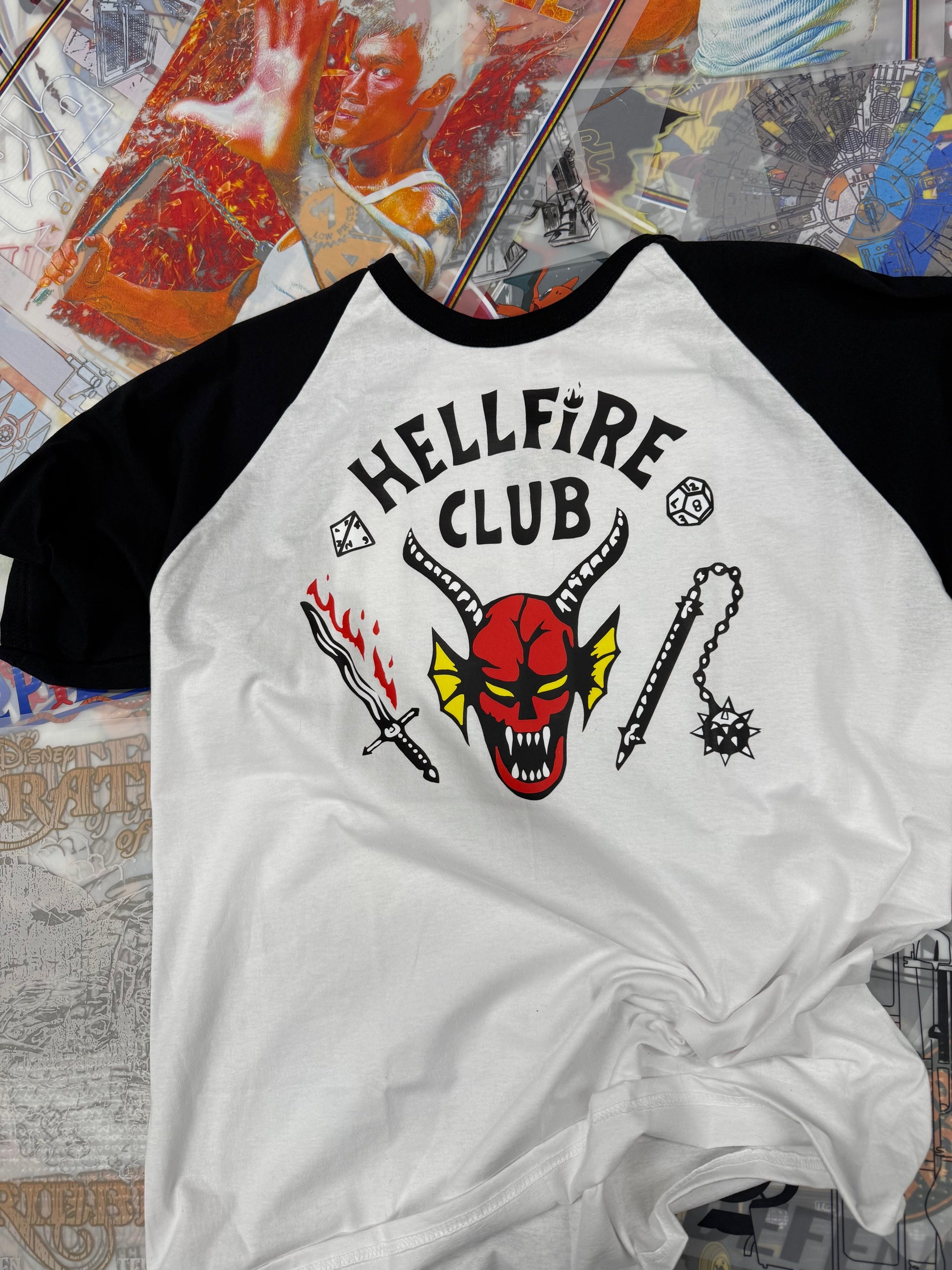 STRANGER THINGS HELLFIRE CLUB T SHIRT BASEBALL STYLE BLACK AND WHITE