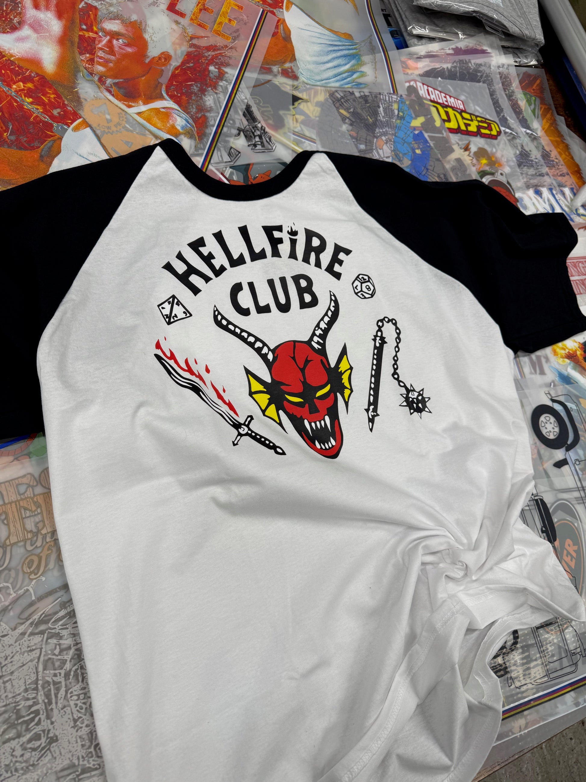 STRANGER THINGS HELLFIRE CLUB T SHIRT BASEBALL STYLE BLACK AND WHITE