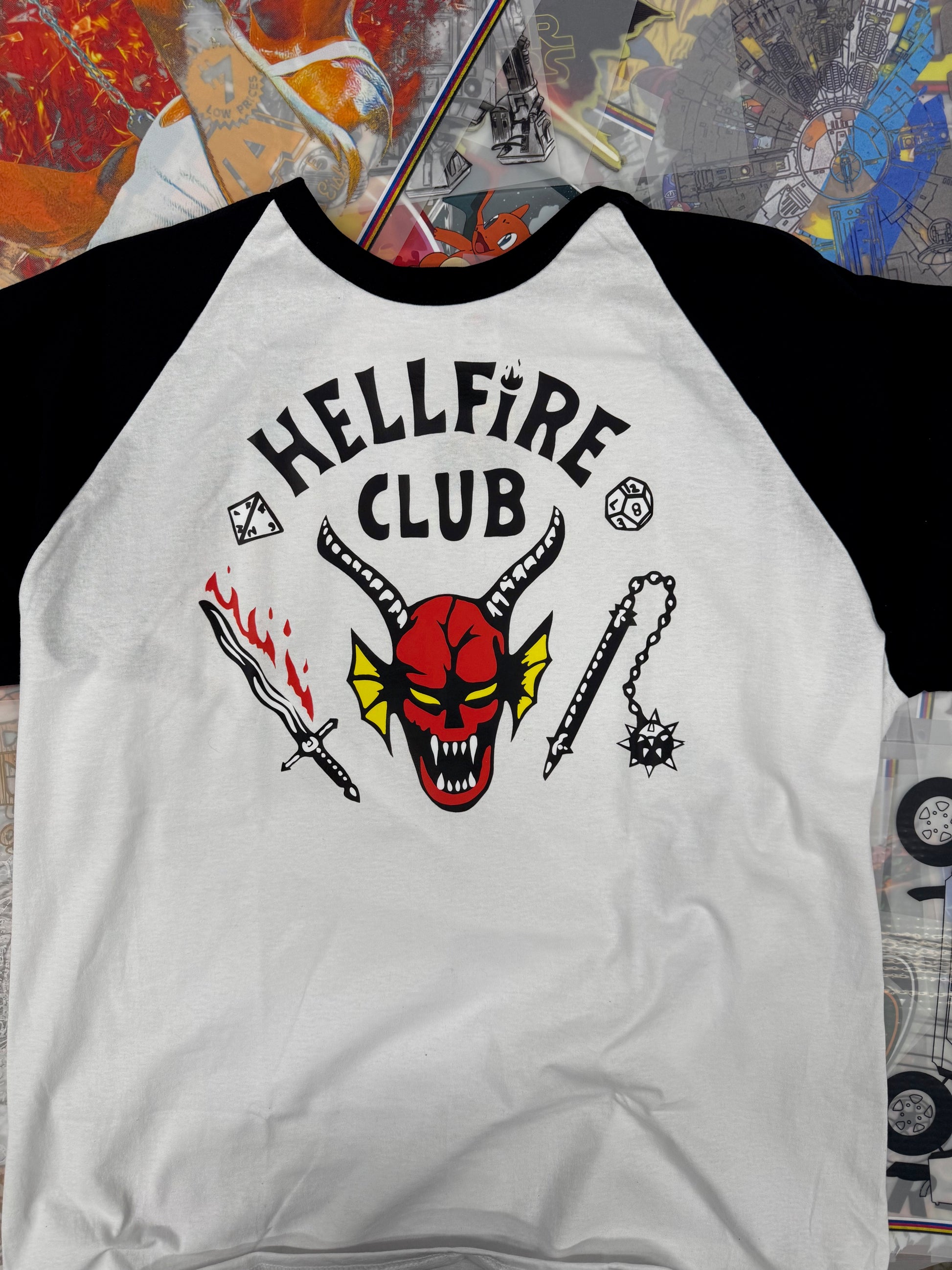 STRANGER THINGS HELLFIRE CLUB T SHIRT BASEBALL STYLE BLACK AND WHITE