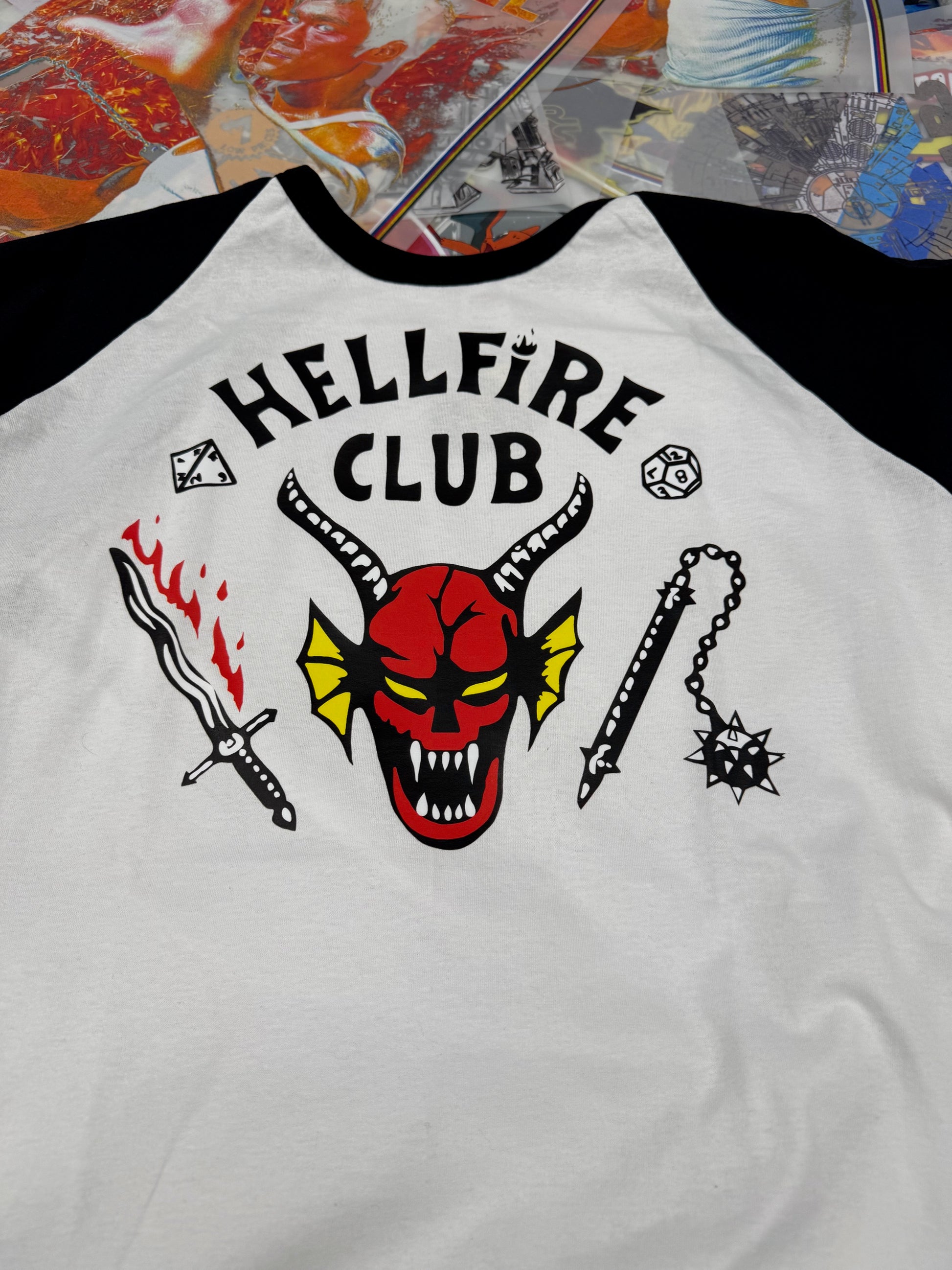 STRANGER THINGS HELLFIRE CLUB T SHIRT BASEBALL STYLE BLACK AND WHITE