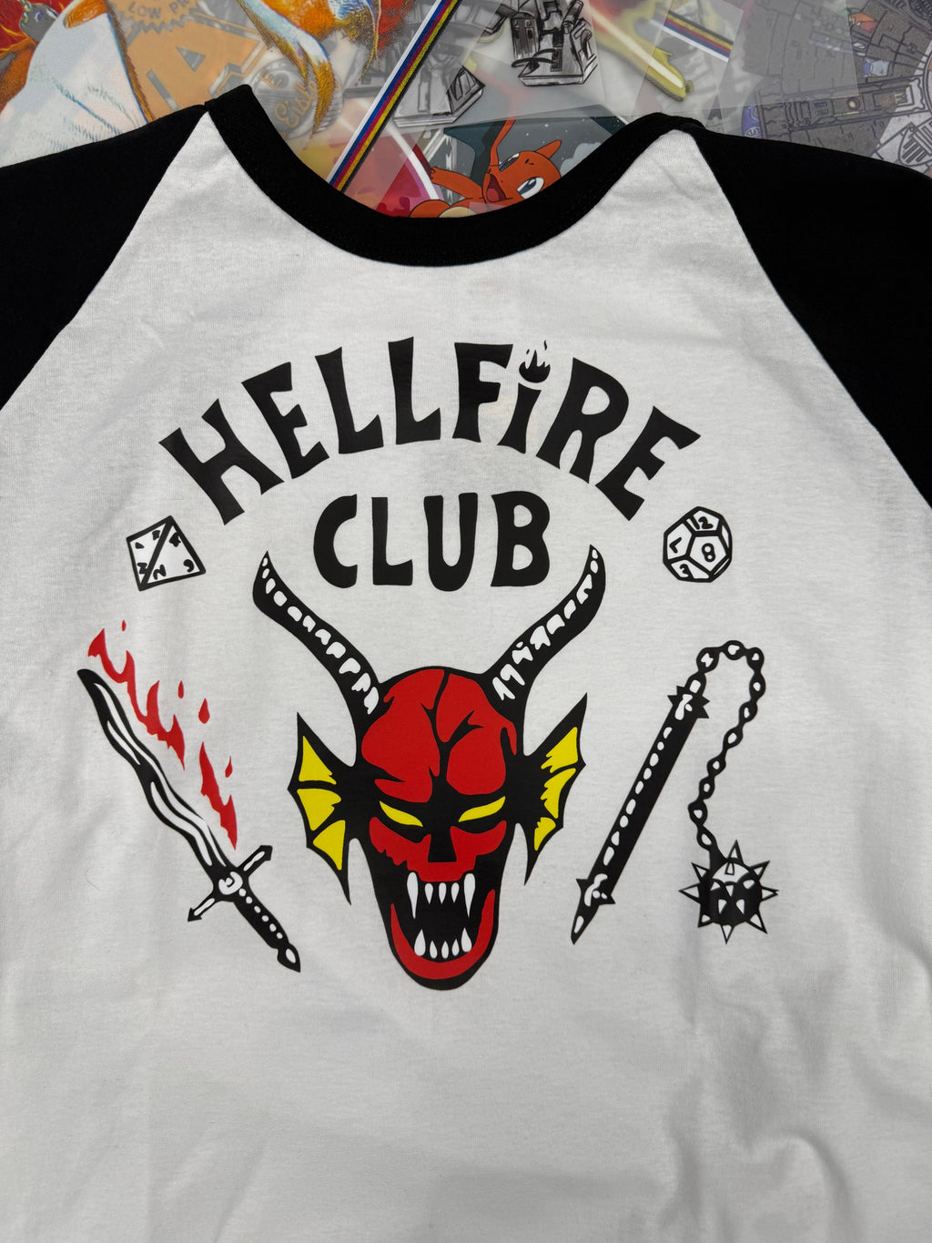 STRANGER THINGS HELLFIRE CLUB T SHIRT BASEBALL STYLE BLACK AND WHITE