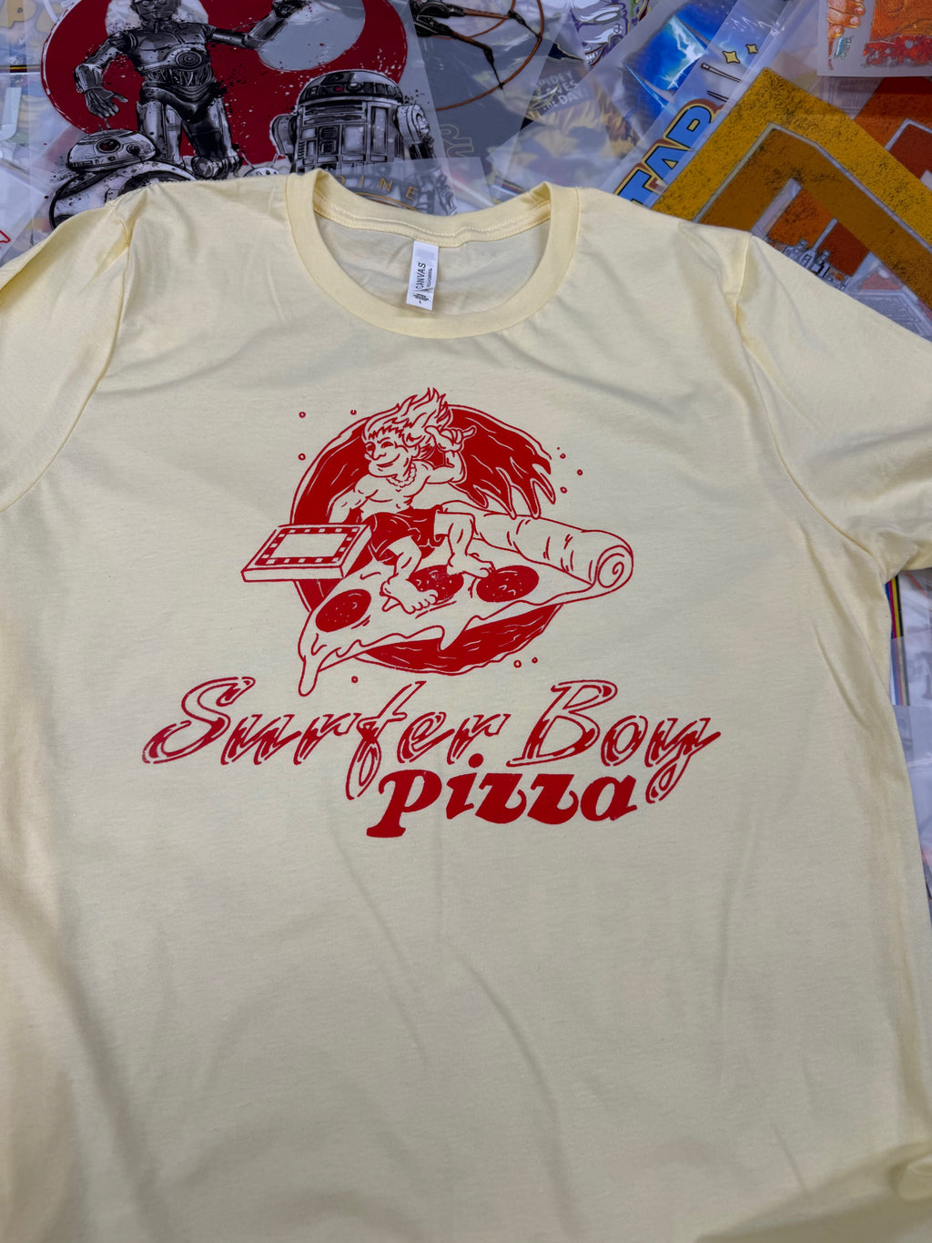 STRANGER THINGS SURFER BOY PIZZA YELLOW T SHIRT