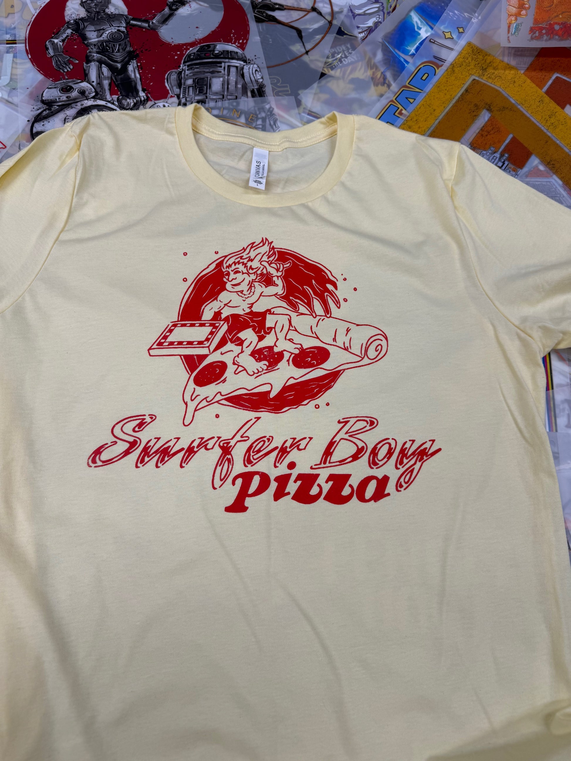 STRANGER THINGS SURFER BOY PIZZA YELLOW T SHIRT
