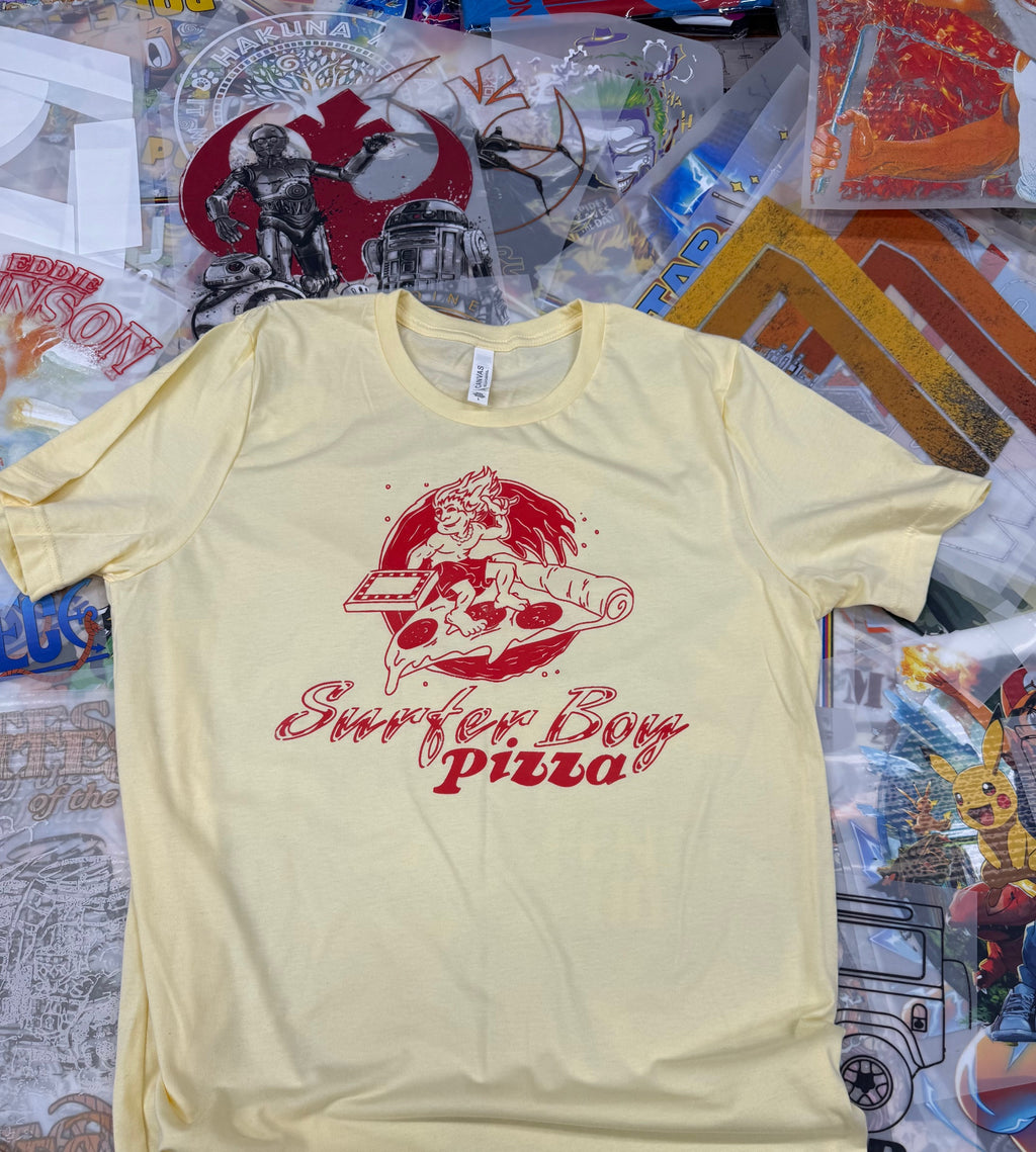 STRANGER THINGS SURFER BOY PIZZA YELLOW T SHIRT