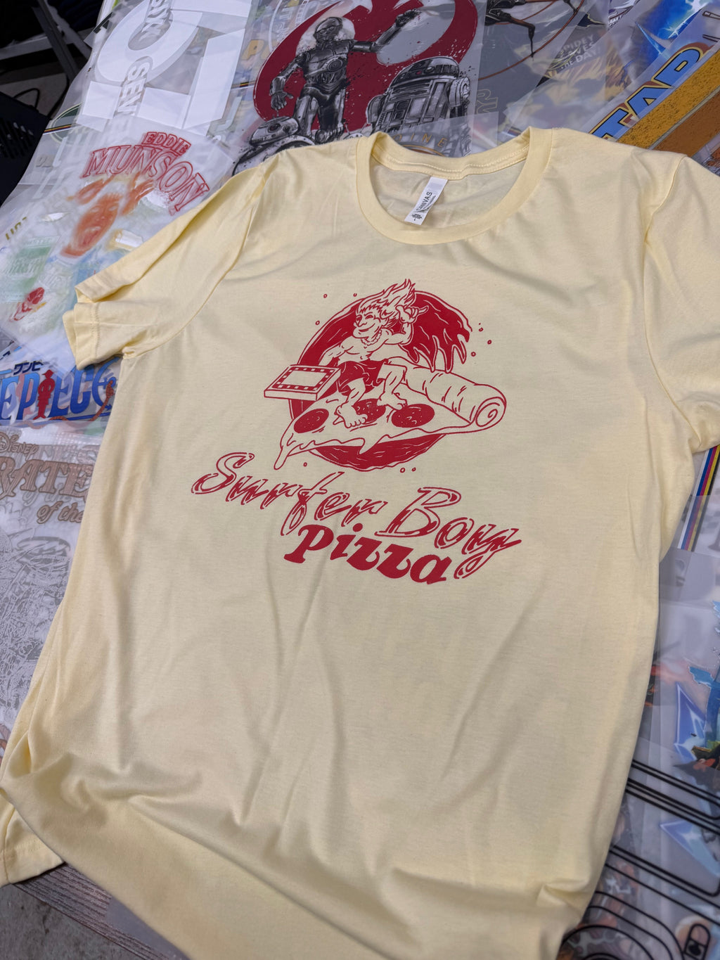 STRANGER THINGS SURFER BOY PIZZA YELLOW T SHIRT
