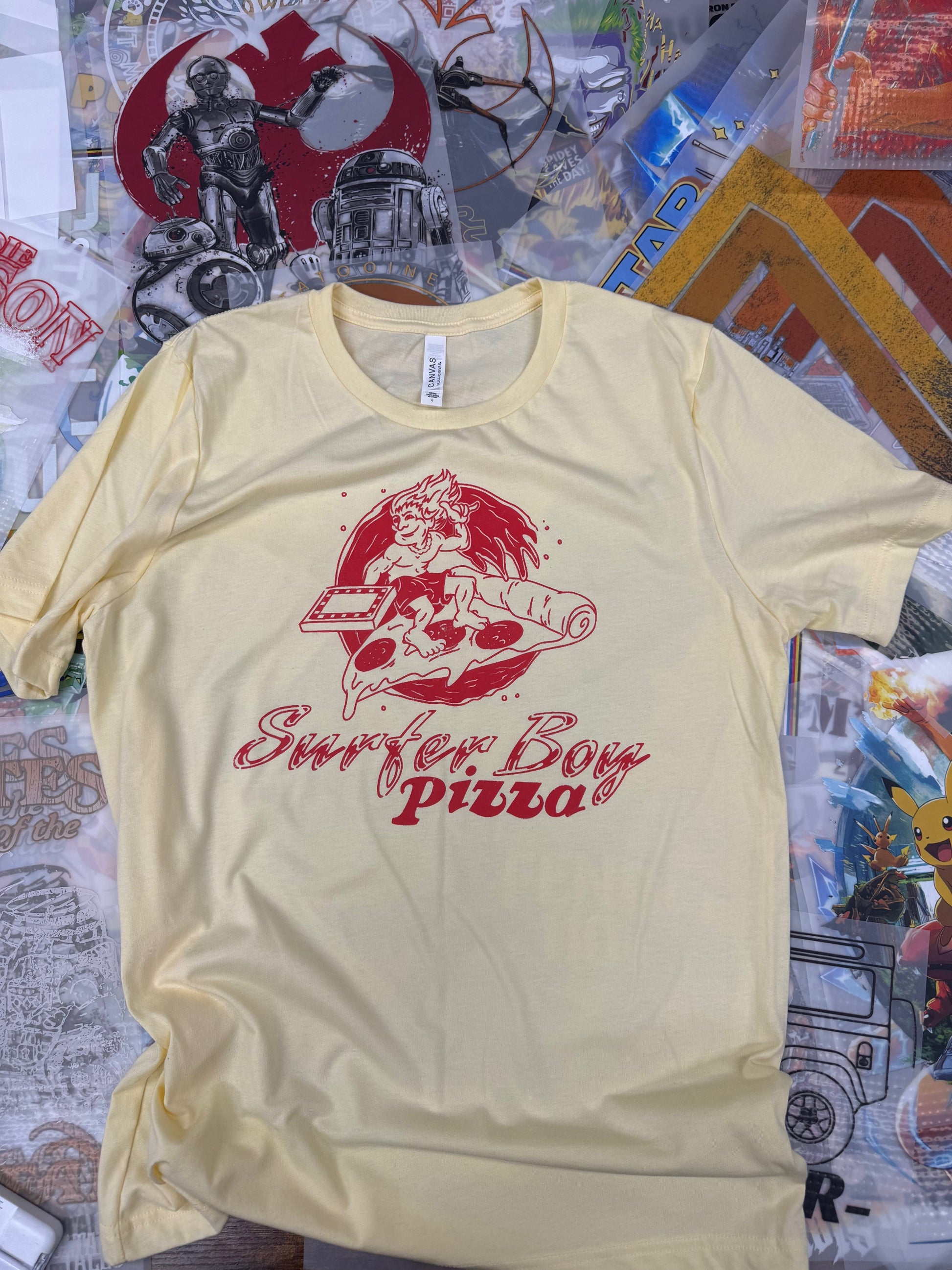 STRANGER THINGS SURFER BOY PIZZA YELLOW T SHIRT
