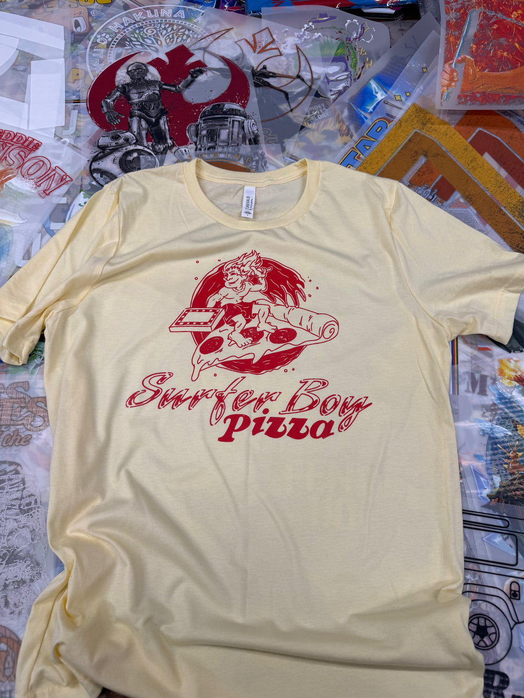 STRANGER THINGS SURFER BOY PIZZA YELLOW T SHIRT