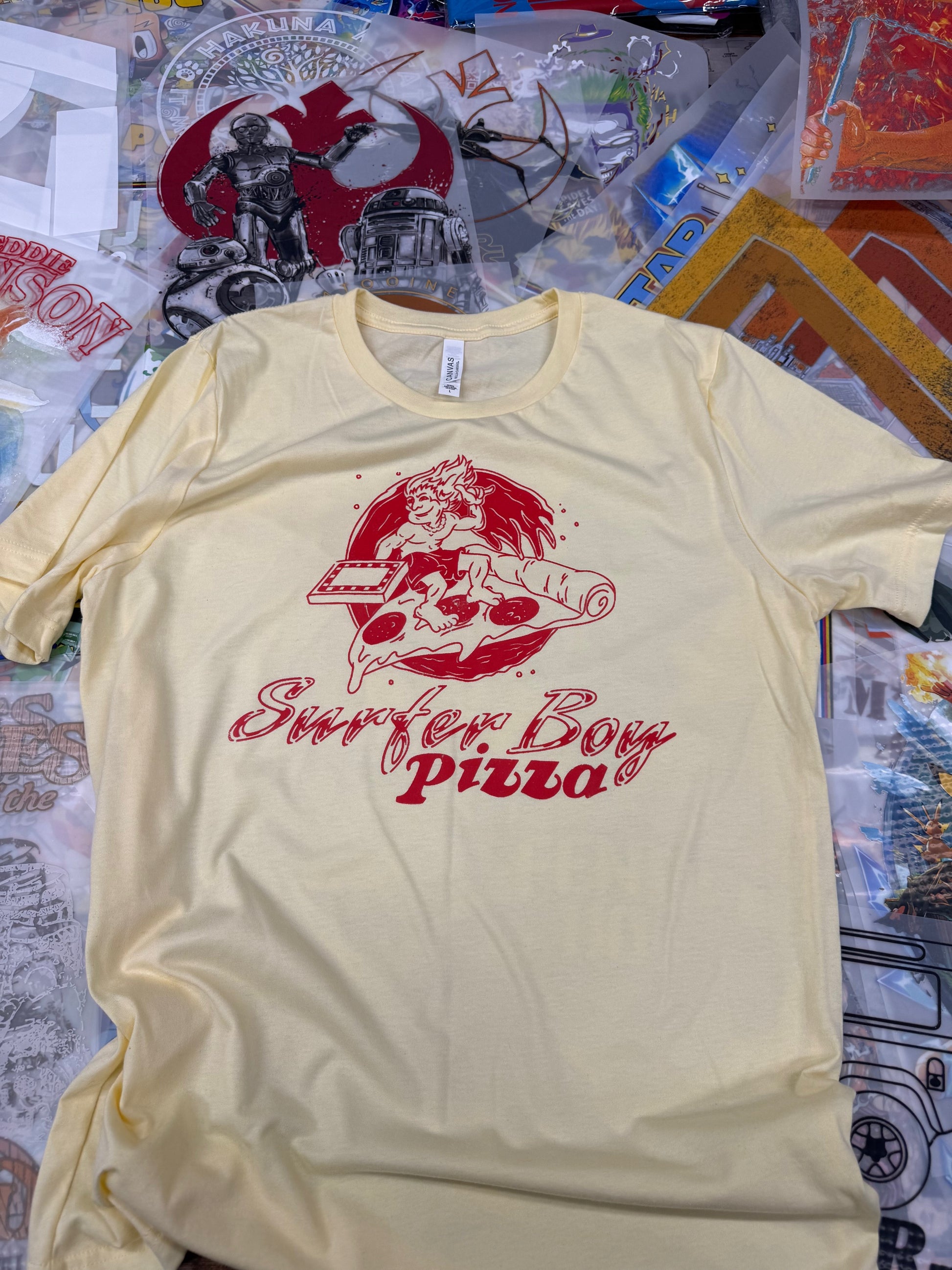 STRANGER THINGS SURFER BOY PIZZA YELLOW T SHIRT