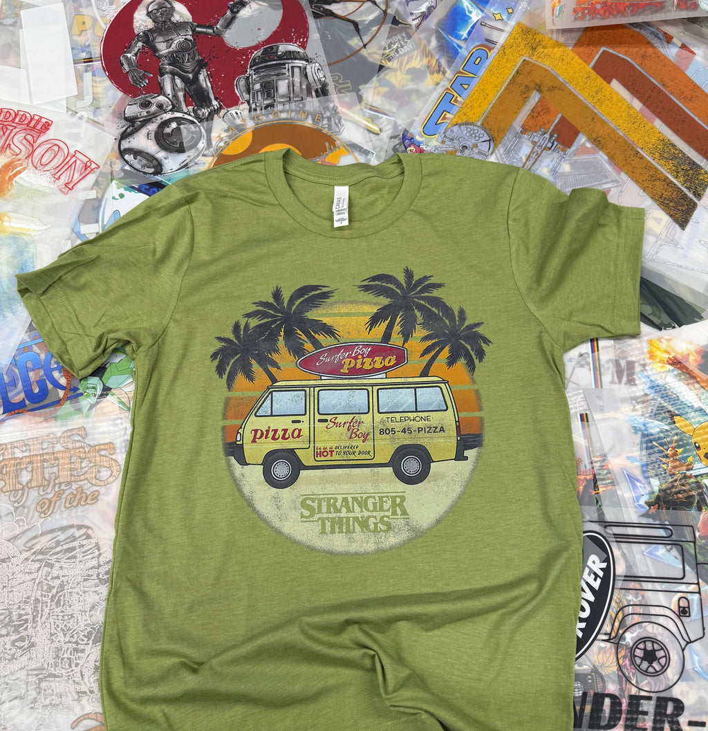 STRANGER THINGS SURFER BOY PIZZA VAN GREEN T SHIRT