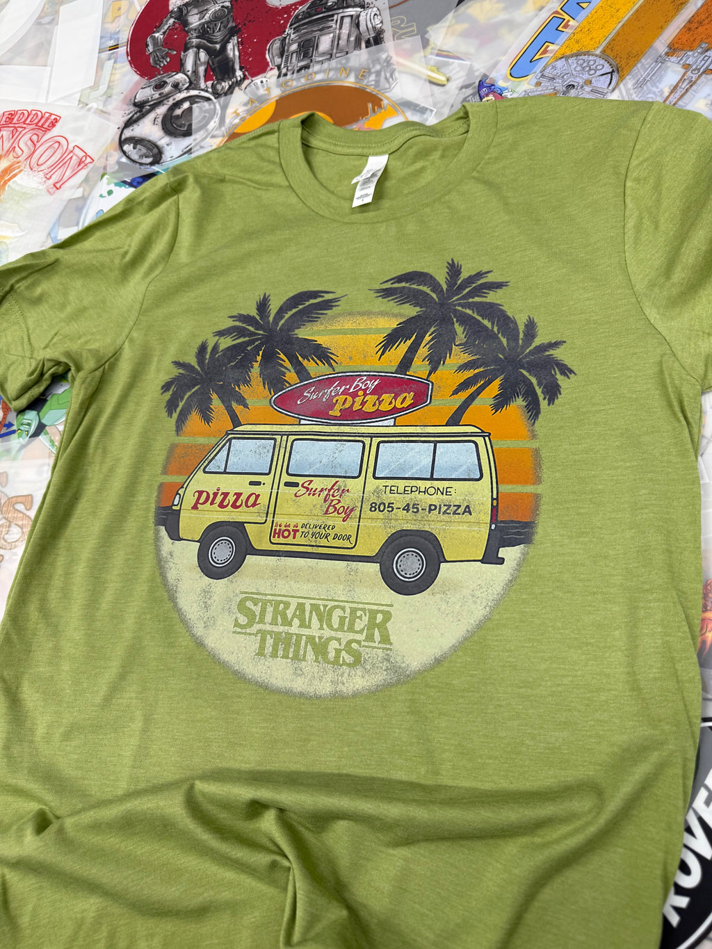 STRANGER THINGS SURFER BOY PIZZA VAN GREEN T SHIRT