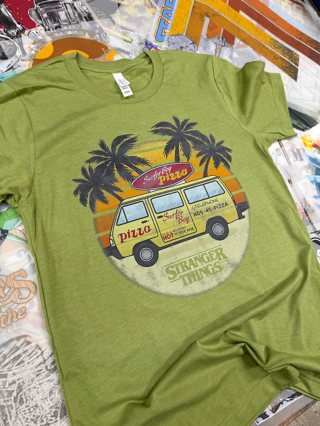 STRANGER THINGS SURFER BOY PIZZA VAN GREEN T SHIRT
