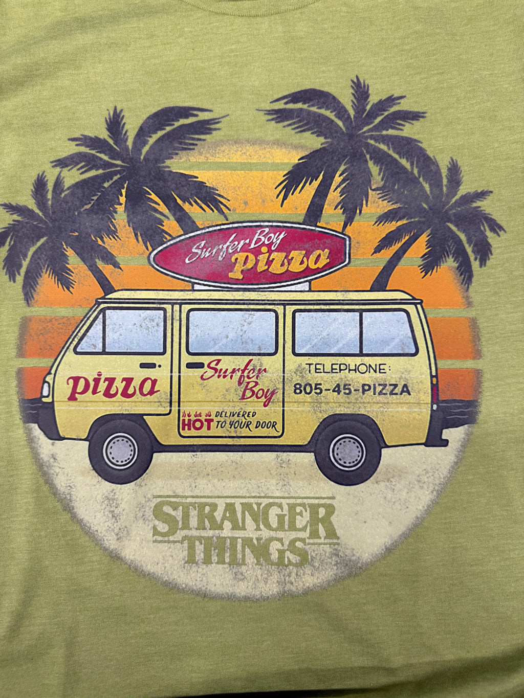 STRANGER THINGS SURFER BOY PIZZA VAN GREEN T SHIRT