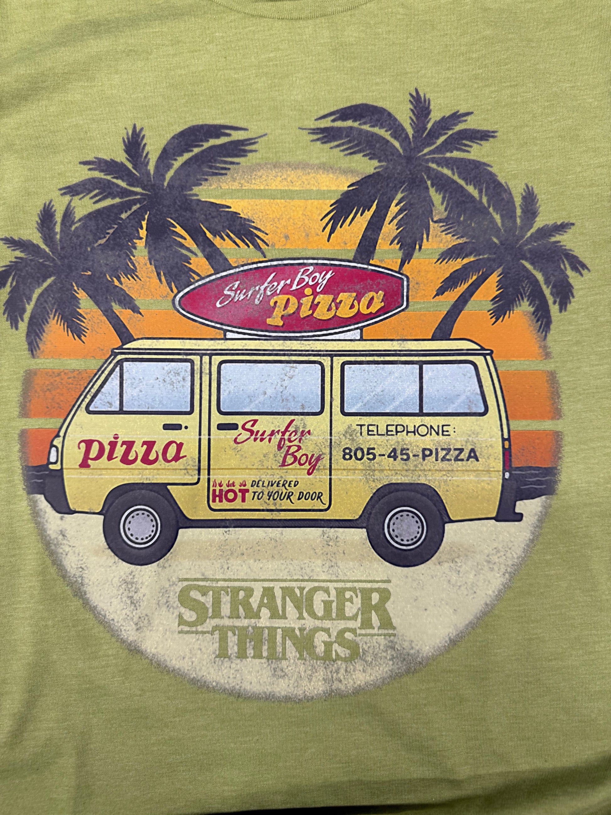 STRANGER THINGS SURFER BOY PIZZA VAN GREEN T SHIRT