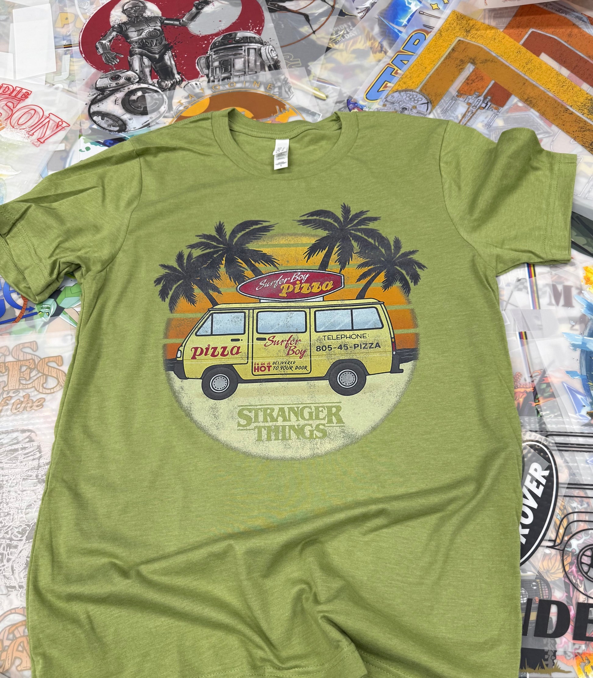STRANGER THINGS SURFER BOY PIZZA VAN GREEN T SHIRT