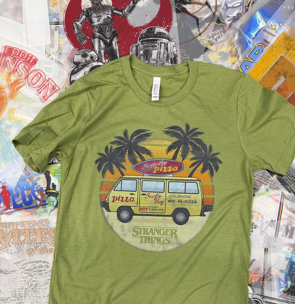 STRANGER THINGS SURFER BOY PIZZA VAN GREEN T SHIRT