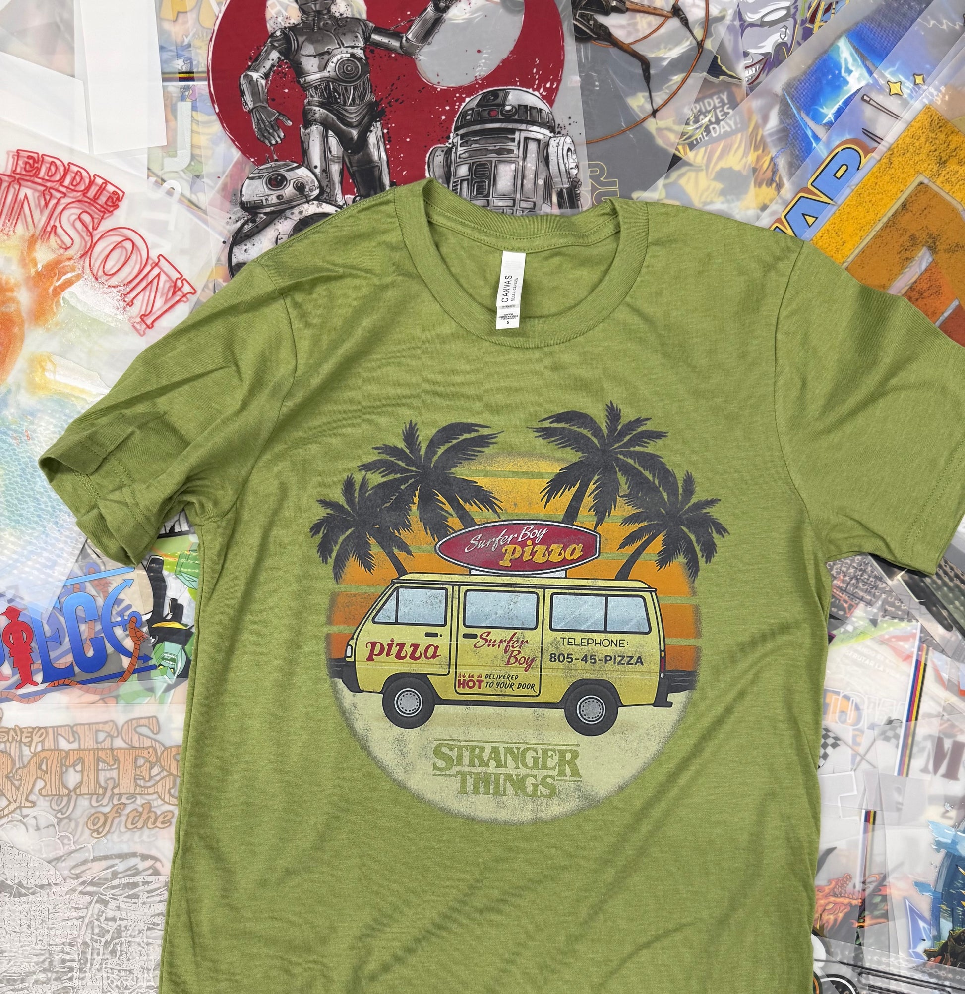 STRANGER THINGS SURFER BOY PIZZA VAN GREEN T SHIRT