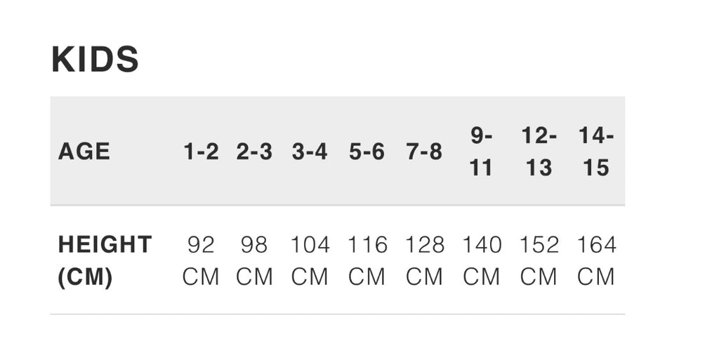 Height chart for children's clothing sizes on a white background