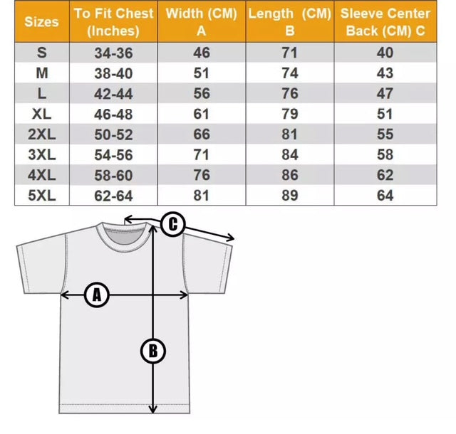 Size chart for shirts with measurements in centimeters and inches.